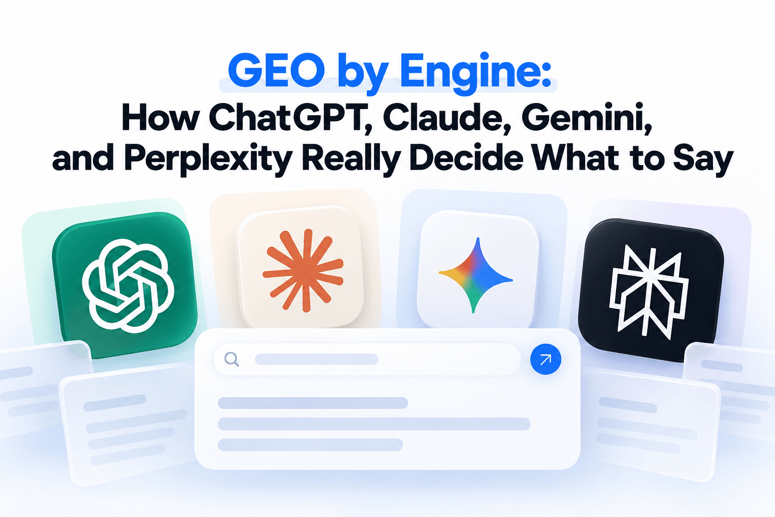 GEO illustration showing ChatGPT, Claude, Gemini, and Perplexity shaping AI-generated search responses.