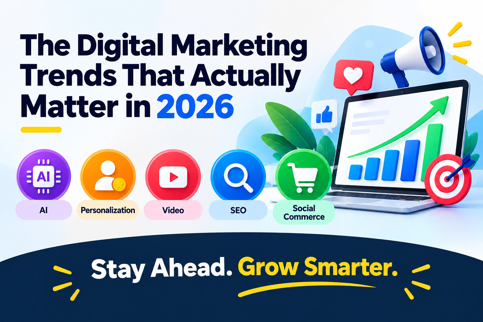Digital marketing trends graphic highlighting key strategies and technologies shaping marketing in 2026.