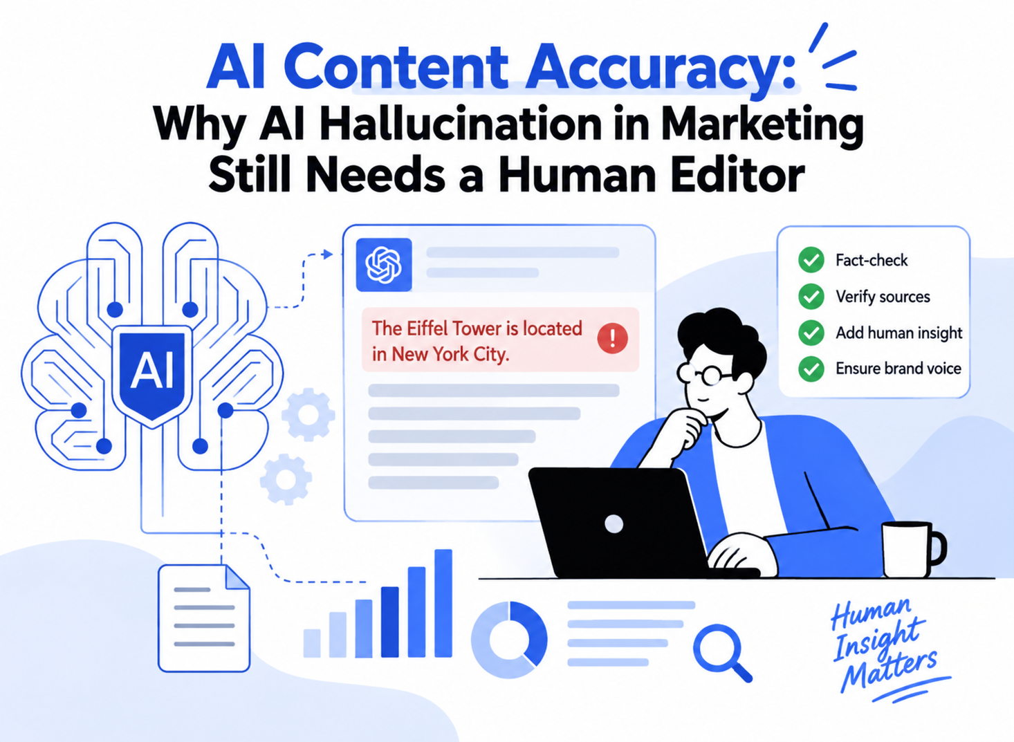 AI content accuracy graphic showing a human editor fact-checking AI-generated marketing content.
